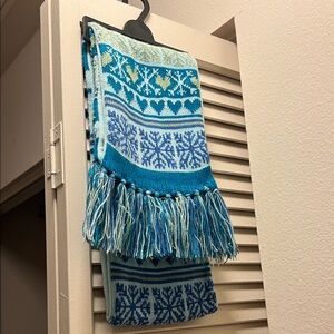 Blue and White Knit Scarf with Fringe